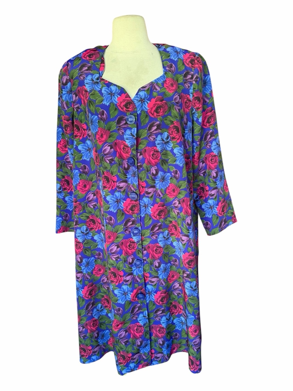 Late 80s/Early 90s Floral Poly Twill Sweetheart Neckline Front Button Down Shift